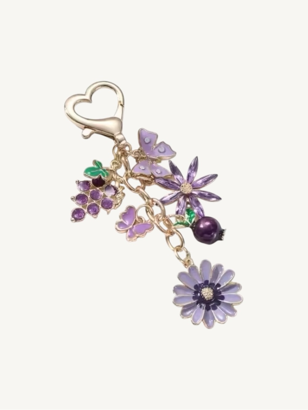 Enamel and Gold Charm Keychain Bag Charm Floral Bee Butterfly Purse Charm - Picture 7 of 16